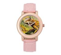 Orologio da polso analogico al quarzo da donna, elegante, con lucertola gialla, cinturino in pelle, Stile:, regular, Cinturino