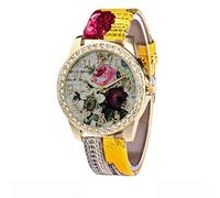 Orologio da polso analogico da donna in pelle rosa orologio da polso a vento, Giallo, One Size