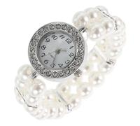 Orologio da Polso con Doppia Serie di Perline Bianche Elegante Donna | Bracciale Elastico Stile Vintage Chic con Pietre Decorative, e Dettagli in Lega per Abiti Eleganti e Feste