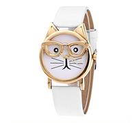 Orologio da polso da donna al quarzo, con quadrante a forma di gatto, alla moda, con occhiali, bianco, misura unica