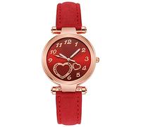 Orologio da polso da donna, alla moda, casual, in lega, a forma di cuore, con cinturino in pelle, analogico, orologio da polso da donna, Rosso, One Size