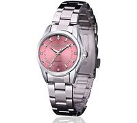 Orologio da polso da donna, analogico, al quarzo, con cinturino in acciaio inox, casual, alla moda, impermeabile, con numeri romani e strass luminosi, colore rosa