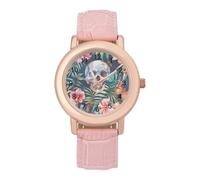 Orologio da polso da donna con cinturino in pelle con foglie tropicali, fiori e teschio, cinturino in pelle, stile casual, con tre lancette