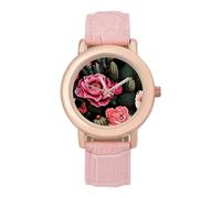 Orologio da polso da donna con stampa di rose e cactus, elegante, analogico, al quarzo, cinturino in pelle, Stile:, regular, Cinturino