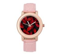 Orologio da polso da donna, elegante, con stampa a foglia rossa, analogico, al quarzo, cinturino in pelle, Stile:, regular, Cinturino