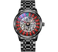 Orologio da polso da uomo, automatico, meccanico, scheletro, impermeabile, luminoso, con cinturino in acciaio inox, a carica automatica, con rotella per roulette, nero, Alla moda, elegante, casual