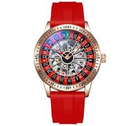 Orologio da polso da uomo, automatico, meccanico, scheletro, impermeabile, luminoso, con cinturino in acciaio inox, a carica automatica, con rotella per roulette, Rosso-Silicone, Alla moda, elegante