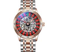 Orologio da polso da uomo, automatico, meccanico, scheletro, impermeabile, luminoso, con cinturino in acciaio inox, a carica automatica, con rotella per roulette, Oro rosato, Alla moda, elegante