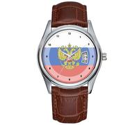 Orologio da polso da uomo, casual, impermeabile, al quarzo, con data, classico, in pelle, marrone, con bandiera del comandante in capo della Russia, Marrone, Commerciale