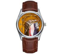 Orologio da polso da uomo, casual, impermeabile, al quarzo, con data, classico, in pelle marrone, con bandiera di Natale, mosche all'interno dell'arco di trionfo, orologi da polso Parigi, Marrone,