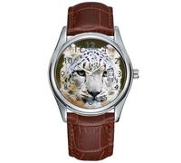 Orologio da polso da uomo, casual, impermeabile, al quarzo, con data, classico, in pelle marrone, con leopardo delle nevi, gatto, in via di estinzione, fauna selvatica, zoo, animali, Marrone,
