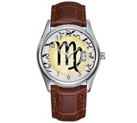 Orologio da polso da uomo, casual, impermeabile, al quarzo, con data, classico, in pelle, marrone, con pipistrello, luna, Vergine, Marrone, Commerciale