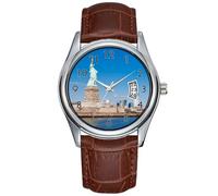 Orologio da polso da uomo, casual, impermeabile, al quarzo, con data, classico, in pelle marrone, con statua della libertà, fiume Hudson e Manhattan, Marrone, Commerciale