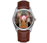 Orologio da polso da uomo, casual, impermeabile, al quarzo, con data, classico, in pelle marrone, orologio da polso natalizio con il ponte verso il tempio della luce, Marrone, Commerciale