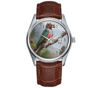 Orologio da polso da uomo, casual, impermeabile, al quarzo, con data, classico, in pelle marrone, orologio da polso natalizio, picchio, picchio, uccelli, albero verde e rosso, Marrone, Commerciale
