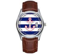 Orologio da polso da uomo, casual, impermeabile, al quarzo, con data, classico, in pelle marrone, stile nautico, con ancora su strisce, Marrone, Commerciale