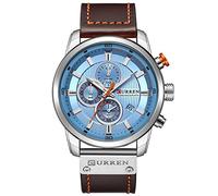 CURREN Orologio da polso da uomo con cinturino in pelle, cronografo, impermeabile, sportivo, con data, al quarzo, idea regalo (argento blu), Argento blu, Cronografo, movimento al quarzo