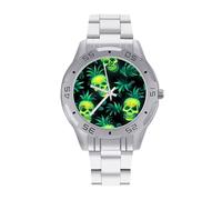 Orologio da polso da uomo con teschio verde, in acciaio inox, analogico, al quarzo, da lavoro, Stile:, regular, Bracciale