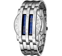 Orologio da polso da uomo, creativo, binario, digitale, unico, a matrice, a LED, futuristico, in acciaio inox, U Argento Blu, Moda