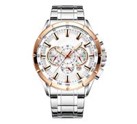 Orologio da polso da uomo, cronografo, classico, analogico, con cassa in acciaio inox e cinturino in pelle, elegante accessorio da ufficio per professionisti, insegnanti e uso quotidiano, platino
