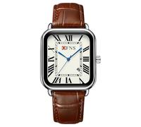 Orologio da polso da uomo, vintage, rettangolare, quadrato, cinturino in pelle, semplice quadrante con numeri romani, quadrante al quarzo, cassa color oro e argento, alla moda, Marrone Argento