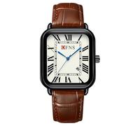 Orologio da polso da uomo, vintage, rettangolare, quadrato, cinturino in pelle, semplice quadrante con numeri romani, quadrante al quarzo, cassa color oro e argento, alla moda, Marrone nero, Classico
