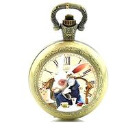 Orologio da tasca al quarzo, a tema Alice nel Paese delle Meraviglie, effetto bronzo antico; con catenina, confezione regalo e batteria di ricambio