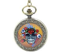 Orologio da tasca con ciondolo analogico al quarzo con teschio e occhio di Dio, stile vintage, vintage, con ciondolo a forma di teschio e occhio di Dio, da uomo, da donna, con catena