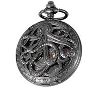 Orologio da tasca con quadrante scheletrato con numeri romani con quadrante scheletro, orologio da tasca con catena, Black&glod