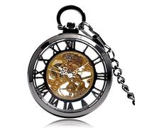 Orologio da tasca Cool Black Hollow One Case Design Numero romano Quadrante scheletro Orologio da tasca meccanico a carica manuale SteamWatches con catena Regalo per la festa del papà di compleanno