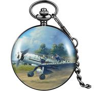 Orologio da Tasca Decorativo,Orologi da Tasca da Uomo Retro Seconda Guerra Mondiale Modello di Stampa Aereo Orologio da Tasca al Quarzo Quadrante Bianco Classico Ciondolo Flip Cover Catena Spessa Memo