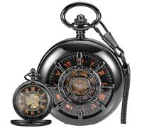 Orologio da tasca meccanico scheletro a mano vento numeri romani catena Mens, nero