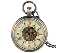 Orologio da tasca Numeri romani antichi Display Orologi da tasca meccanici automatici a quadrante aperto Bronzo/Nero Squisite catene per orologi pendenti Regalo per compleanno Natale Festa del papà