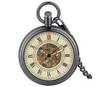 Orologio da tasca Numeri romani antichi Display Orologi da tasca meccanici automatici a quadrante aperto Bronzo/Nero Squisite catene per orologi pendenti Regalo per compleanno Natale Festa del papà