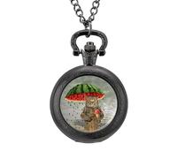 Orologio da tasca vintage con ciondolo in lega con ciondolo a forma di gatto con anguria, ombrello, gelato, idea regalo per uomini e donne, Stile nero, misura unica