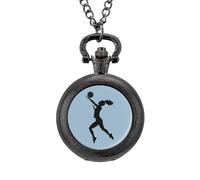 Orologio da tasca vintage con ciondolo in lega con immagine di una ragazza che gioca a pallavolo, con punte, idea regalo per uomo e donna, Stile nero, misura unica