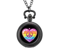 Orologio da tasca vintage con ciondolo in lega con simbolo della pace, arcobaleno, cuore, bandiera gay orgogliosa, regalo per uomini e donne, Stile nero, misura unica