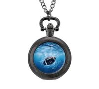Orologio da tasca vintage con ciondolo in lega di calcio, blu oceano, acqua, regalo per uomo e donna, Stile nero, misura unica