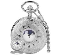 Orologio da tasca vintage con numeri romani, scala lunare, calendario, orologio da tasca al quarzo con catena, miglior regalo, SH1003-argento, tutti i giorni