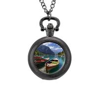 Orologio da tasca vintage in lega con ciondolo a forma di barca da pesca in montagna, idea regalo per uomo e donna, Stile nero, misura unica