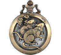 Orologio da taschino classico da uomo con cassa in bronzo con topo, orologi da taschino dal design tradizionale a tema zodiacale cinese da uomo, comodo orologio con pendente a catena sottile