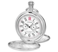 Orologio da taschino in acciaio inox, stile vintage, con disegno di treno londinese, meccanico a carica manuale, con catena, 35-dh-argento, Classico