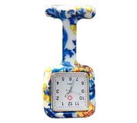 Orologio da taschino in silicone per infermieri, con spilla, con batteria inclusa (fiori blu quadrati)