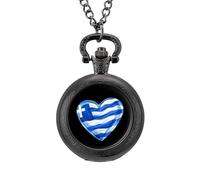 Orologio da taschino vintage con bandiera della Grecia, in lega, con ciondolo a forma di cuore, idea regalo per uomo e donna, Stile nero, misura unica