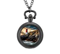 Orologio da taschino vintage con ciondolo in lega a forma di faro nautico, idea regalo per uomo e donna, Stile nero, misura unica