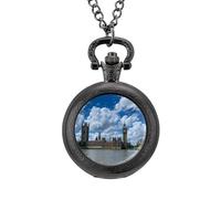 Orologio da taschino vintage con ciondolo in lega con vista sul ponte di Westminster e Tamigi, regalo per uomo e donna, Stile nero, misura unica