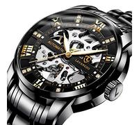 Orologio da uomo automatico automatico scheletro meccanico in acciaio inossidabile impermeabile diamante quadrante nero, 02-allblack-yj, 1 Count (Pack of 1), Meccanico, a carica automatica
