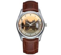 Orologio da uomo casual impermeabile al quarzo orologio analogico data classico business marrone pelle orologio da polso Natale vista generale, tramonto, castello di Carnarvon, orologi Galles, Marrone