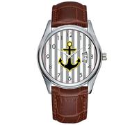 Orologio da uomo casual impermeabile al quarzo orologio data classico business marrone pelle orologio da polso natalizio nautico ancora e strisce - giallo nero grigio orologio da polso, Marrone,