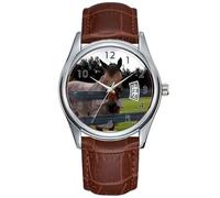 Orologio da uomo casual impermeabile al quarzo orologio data classico business marrone pelle orologio da polso Natale testa di cavallo su recinzione maschera mosca orologio, Marrone, Commerciale